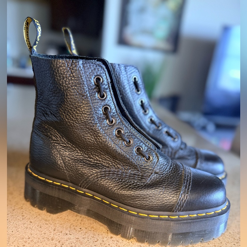 Dr. Martens Black Leather Combat Boots with Yellow Stitching